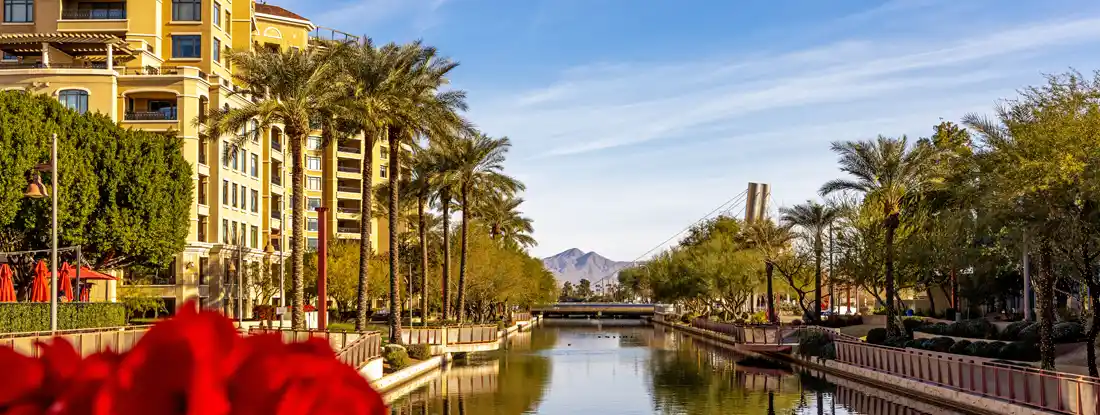 Canal running through district of Old Town Scottsdale, Arizona.  Find Scottsdale, Arizona renters insurance.