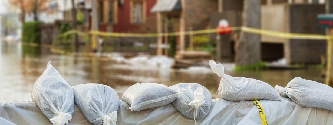 Flood Protection Sandbags with flooded homes in the background. Find catastrophe insurance.