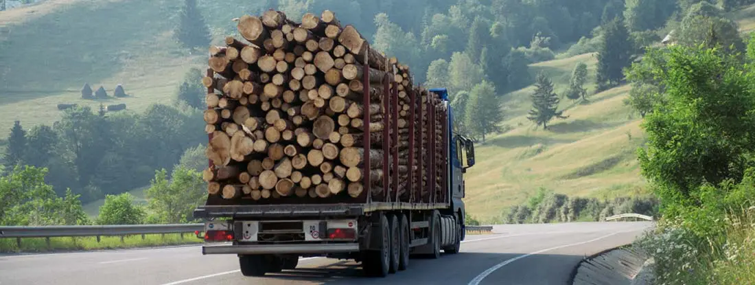 Logging truck driving on a road between hills. Find log truck insurance.