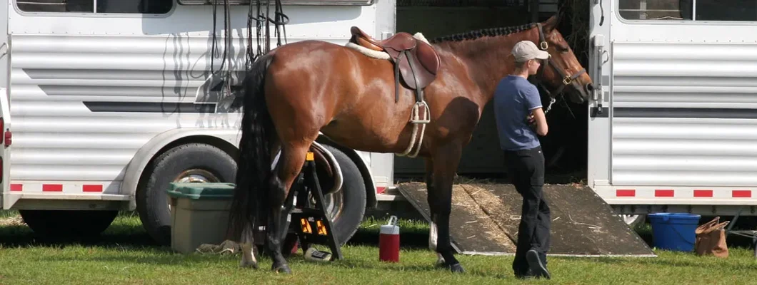 A horse and rider stand outside a large horse trailer in a grassy field. Find West Virginia Trailer Insurance.