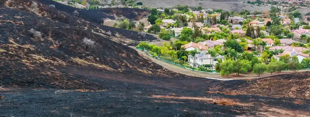 Wildfire burn area to the edge of suburban neighborhood in Southern California. Is Homeowners Insurance Going Up Because of Climate Change?