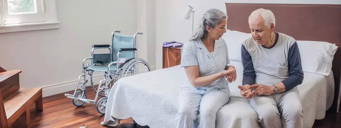 Man and woman in his nursing home room. Medigap vs. Medicare Advantage Plans: What to Know.