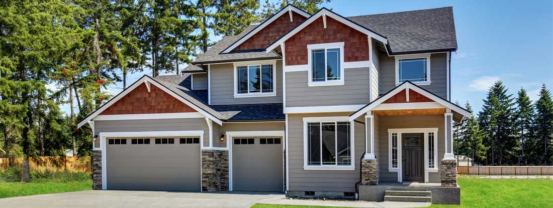 Craftsman American house with garage and concrete floor porch. Find Denver Colorado homeowners insurance.