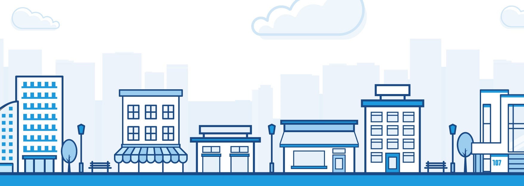 Illustrated main street with local businesses 