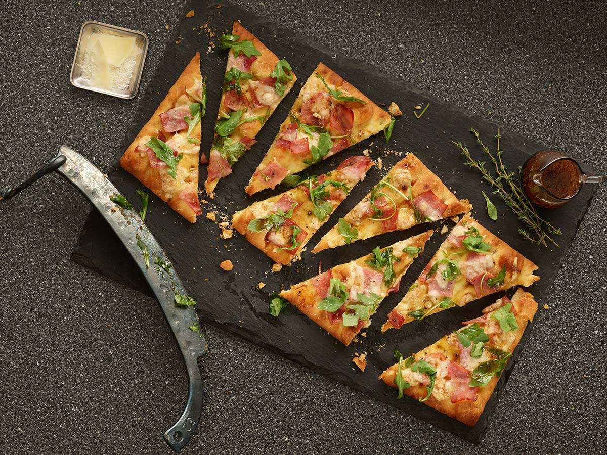 Ham, Arugula, Shaved Parmesan Flatbread with Balsamic Drizzle