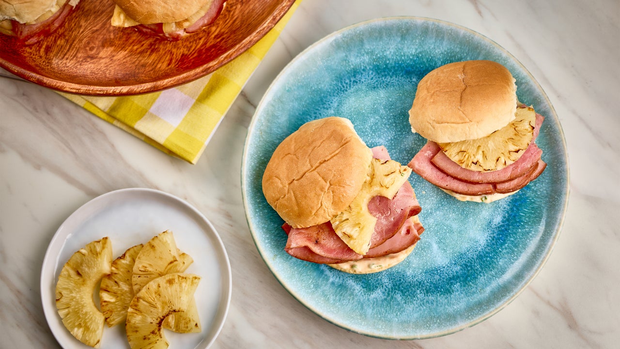 Hawaiian Sliders with Spicy Teriyaki Mayo and Grilled Pineapple