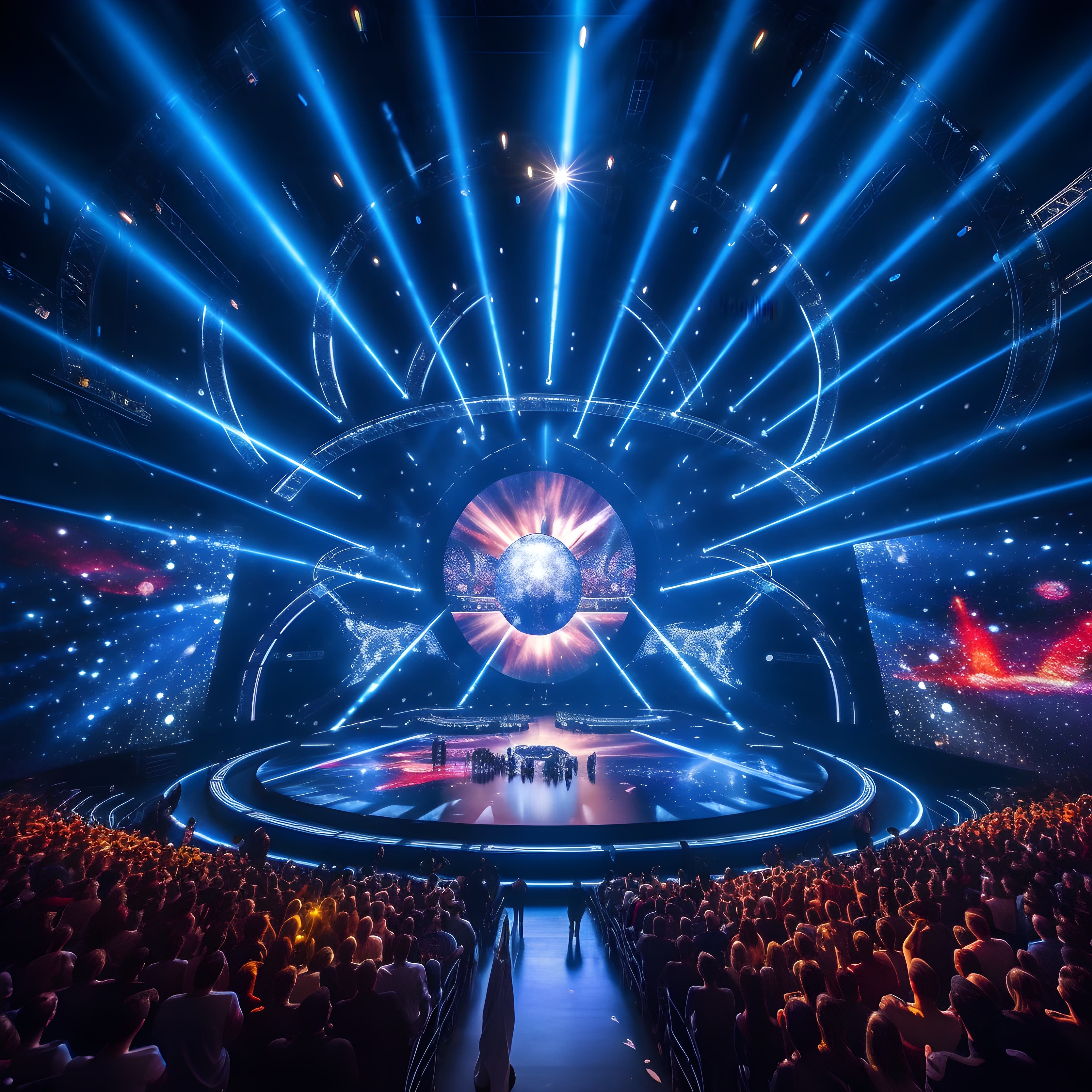 Eurovision Song Contest stage illuminated by dazzling lights