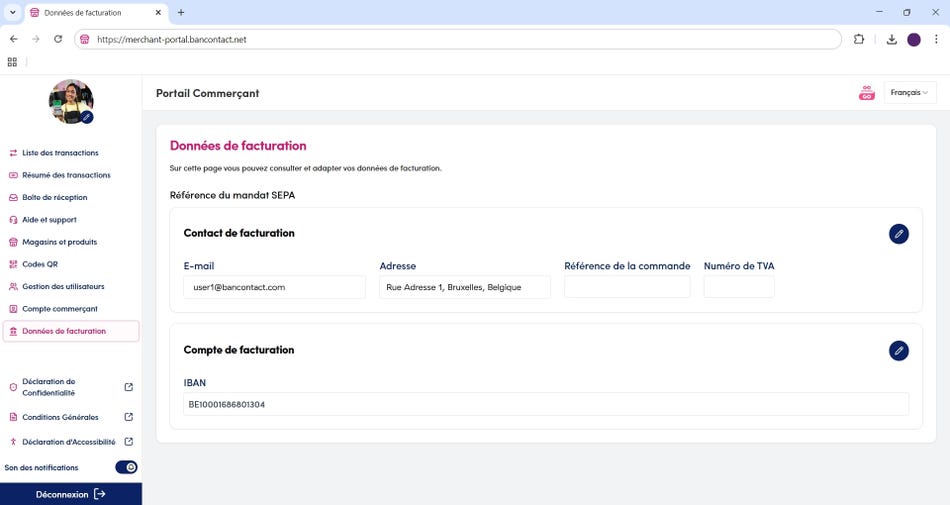 Section de facturation dans le portail des commerçants