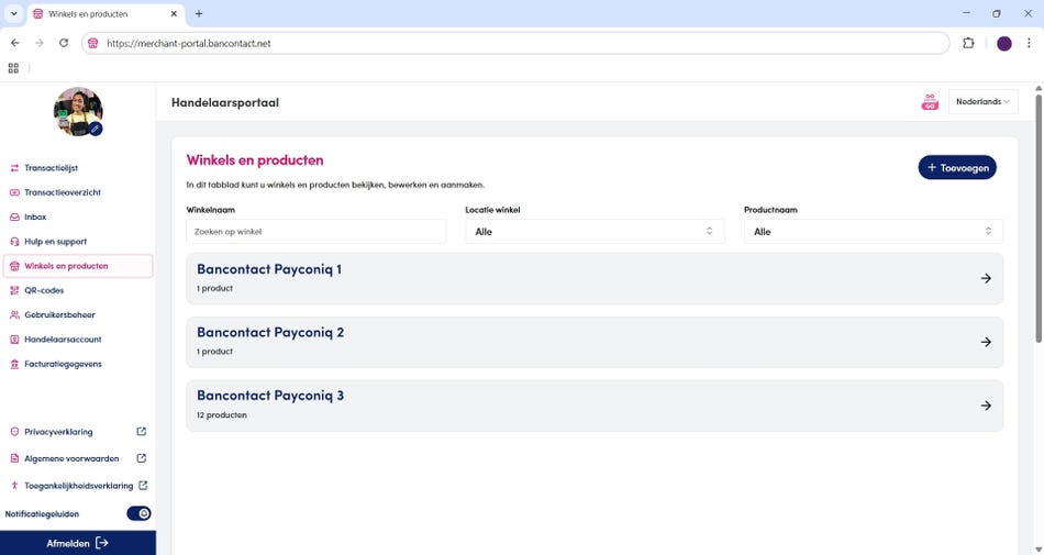 Winkels en producten sectie in het handelaarportaal
