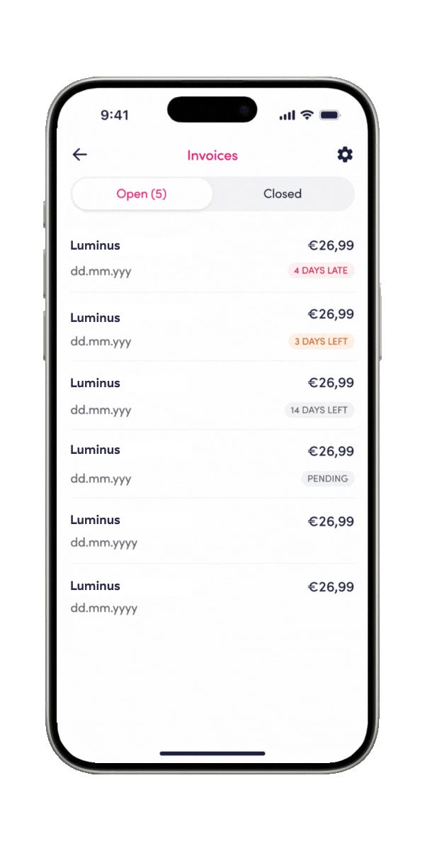 Een screenshot van de facturen-sectie in de Payconiq by Bancontact app