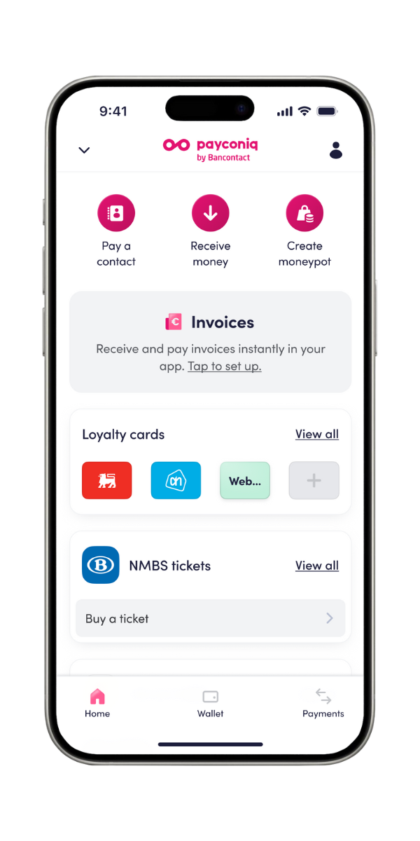 Een screenshot van de nieuwe Payconiq by Bancontact app