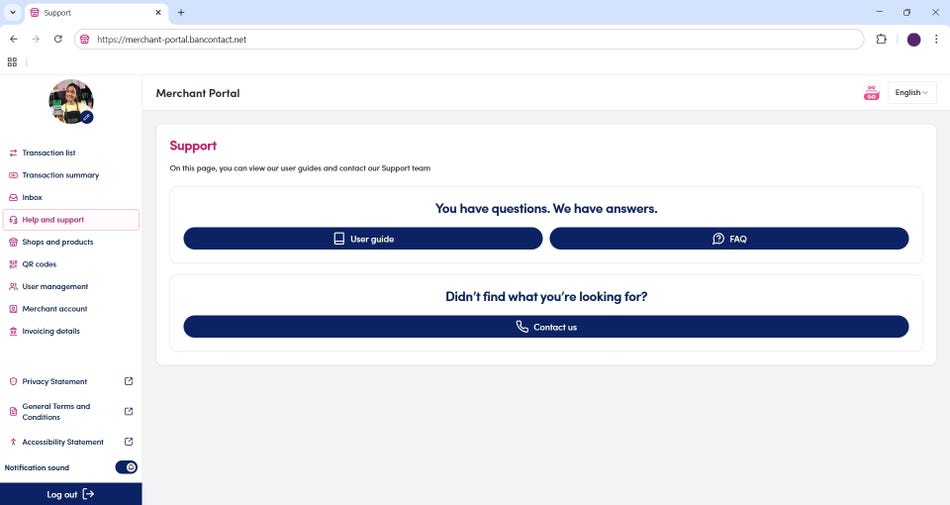 Help & support section in the merchant portal