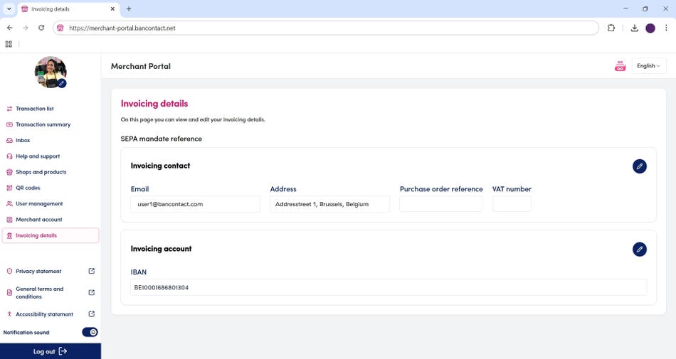 Billing section in the merchant portal