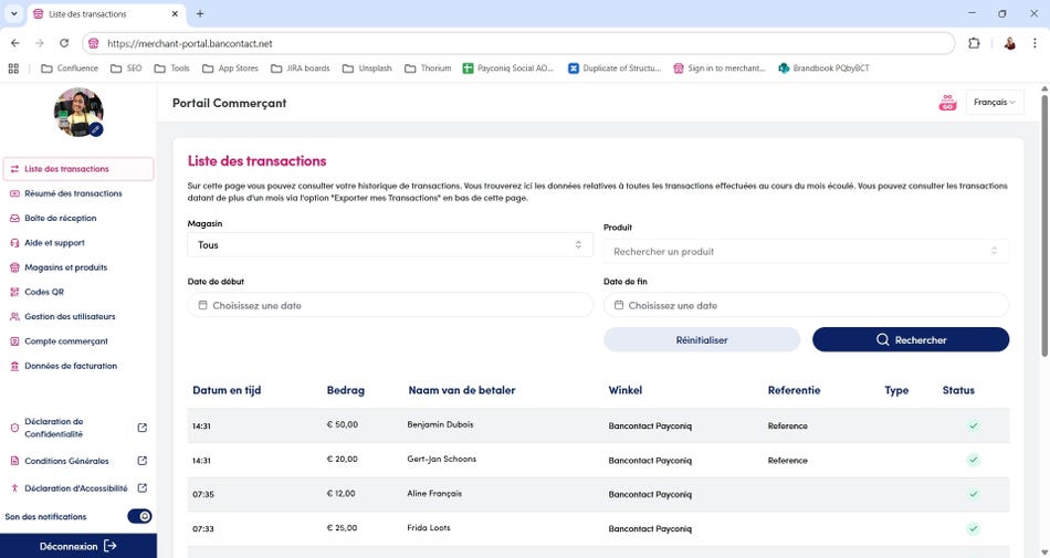 Liste des transactions dans le portail commerçant