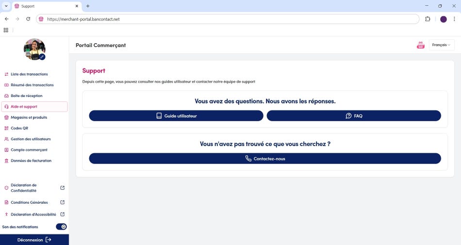 Section d'aide et de soutien dans le portail des commerçants