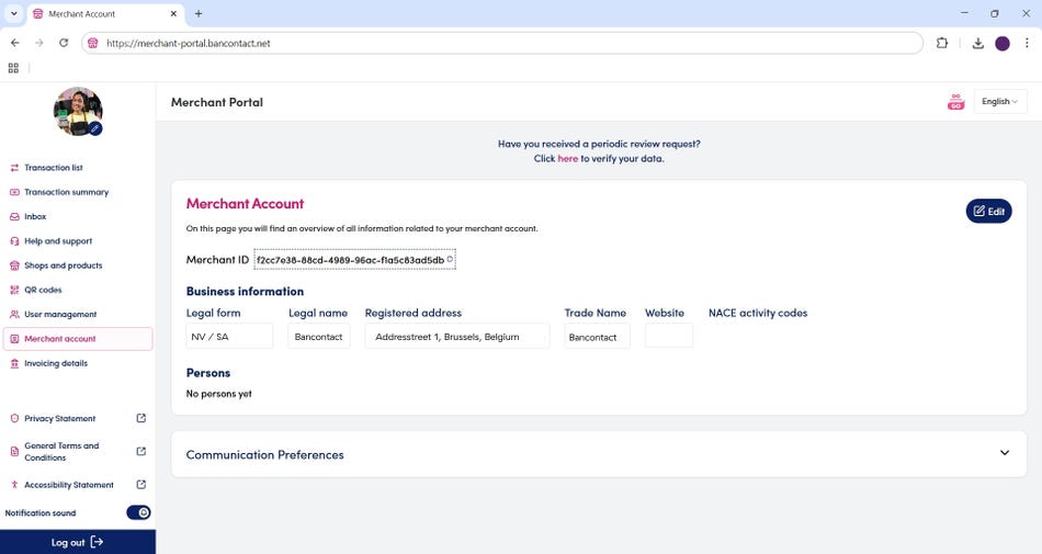 Merchant account section in the merchant portal