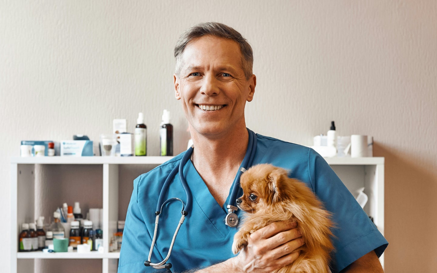 A vet in blue scrubs holding a small dog