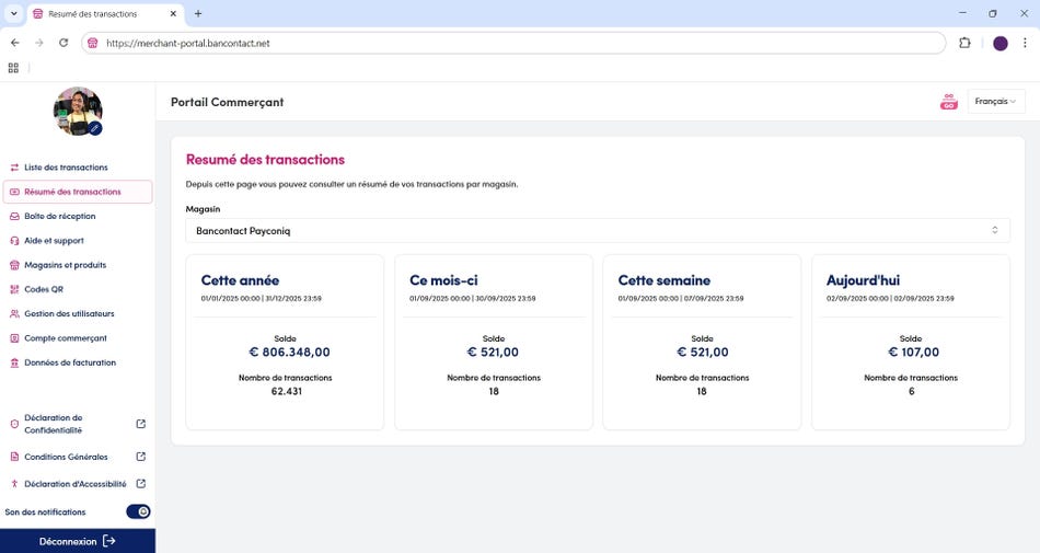 Résumé des transactions dans le portail commerçant
