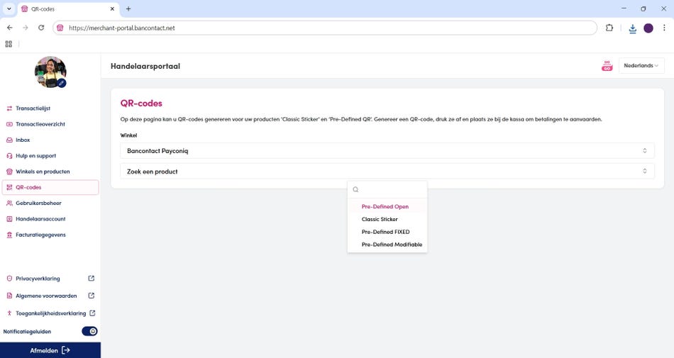 QR code sectie in het handelaarportaal