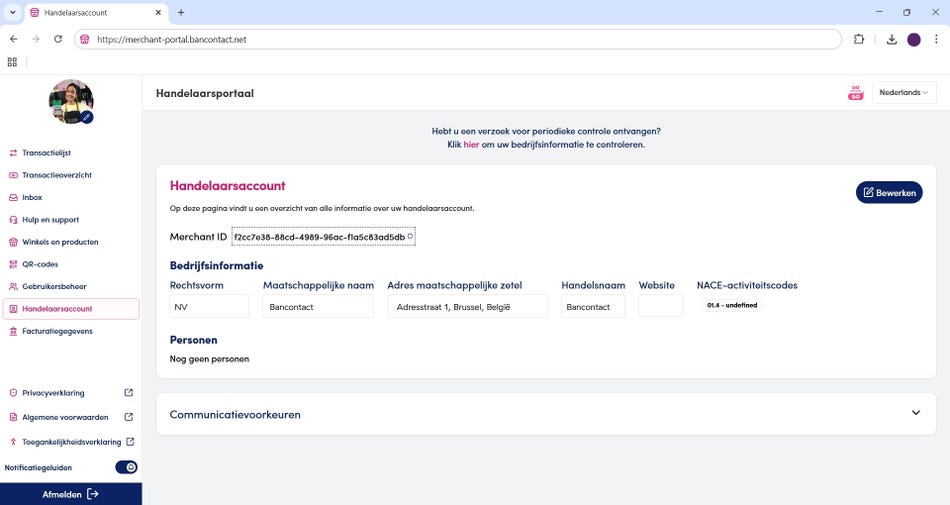Account sectie in het handelaarportaal