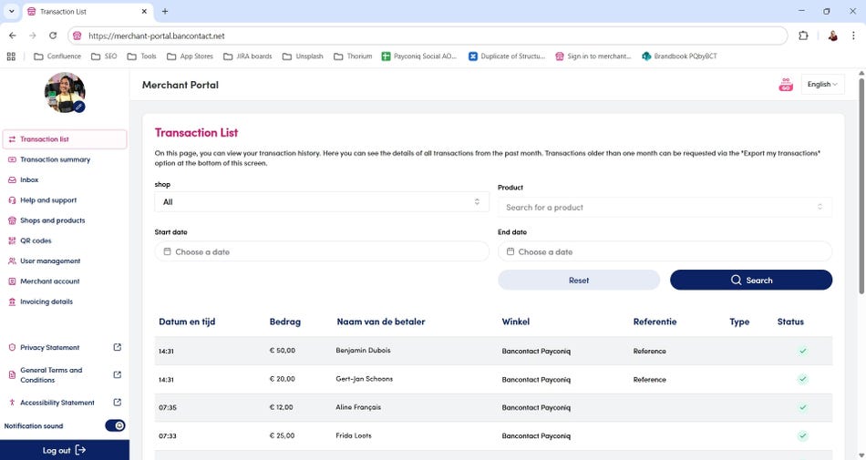 Transaction list in the merchant portal