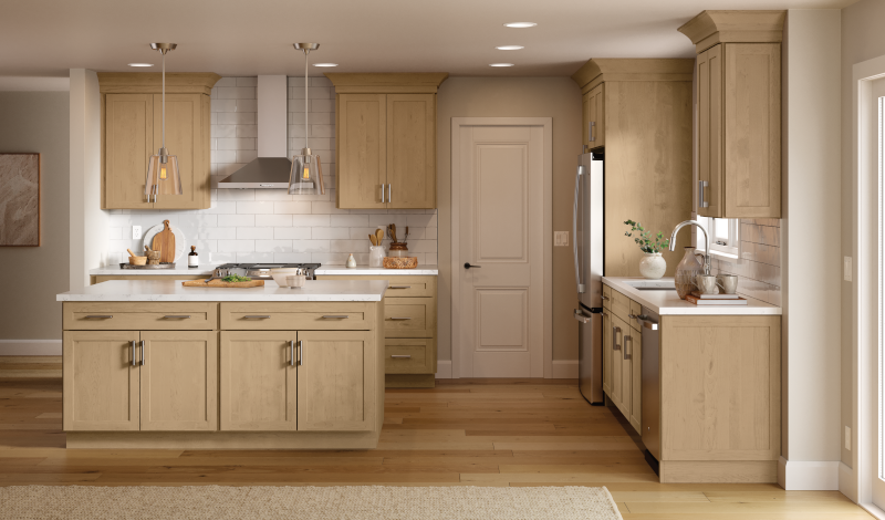 Coastline shown on maple cabinets in a kitchen.