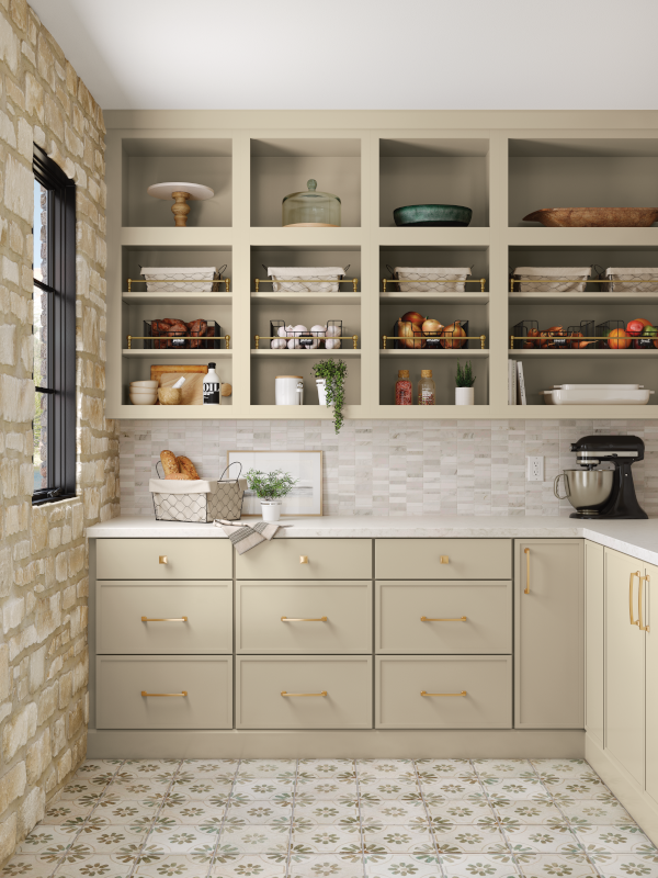 A kitchen with open shelving that displays dishes and cookware.