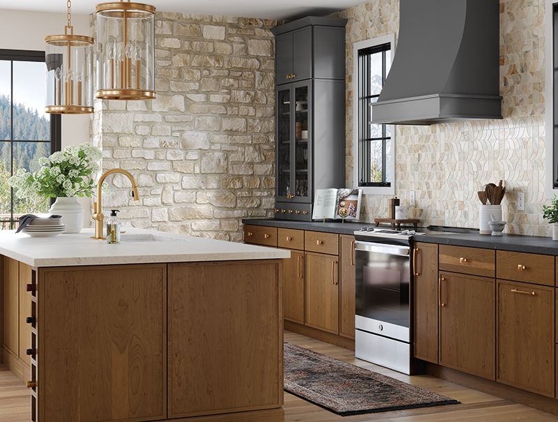 Stained Cherry wood kitchen cabinets.