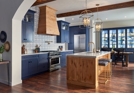 Kitchen blue cabinets and beautiful wood island
