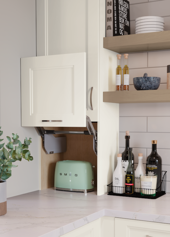 An appliance garage built into the surrounding kitchen cabinets hiding the toaster and other small appliances behind a swing up door.