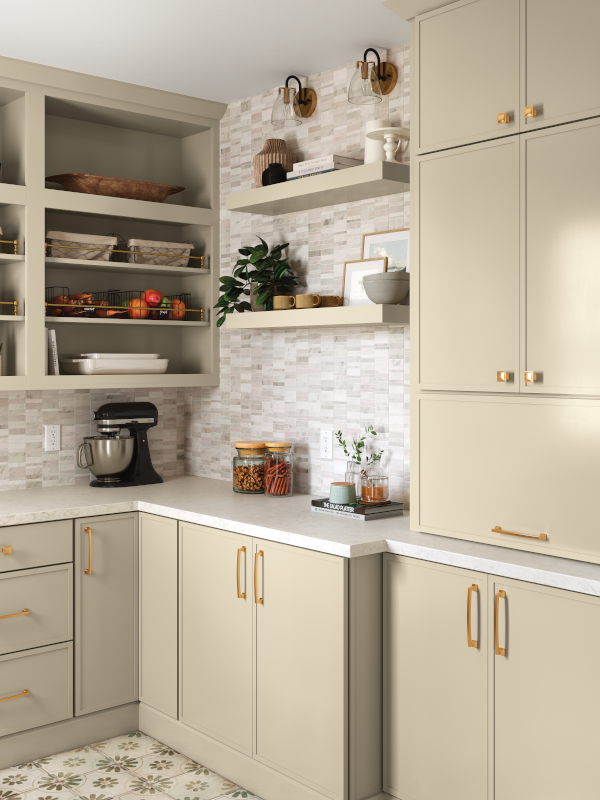 Ivory kitchen pantry with exposed shelving and concealed appliance cabinetry design. 