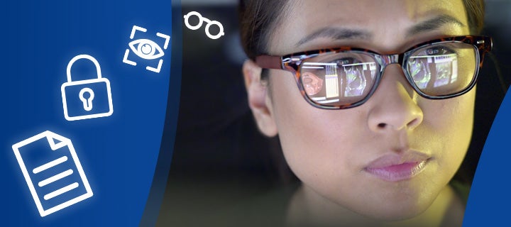 A female radiologist wearing glasses and small graphics of paper, a lock, eye and glasses overlaid 