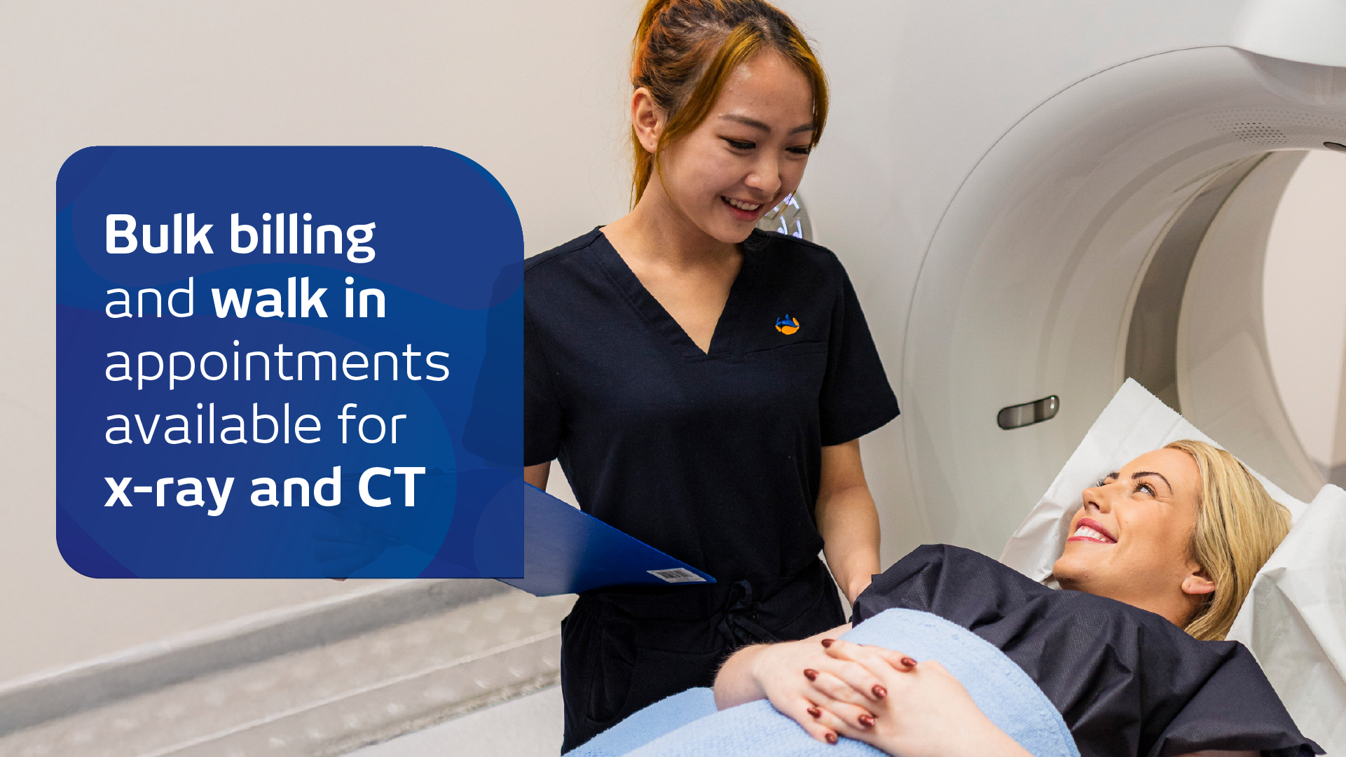 A relaxed and smiling patient and friendly radiographer