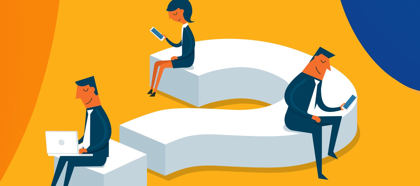 Graphic image of characters sitting on a large question mark