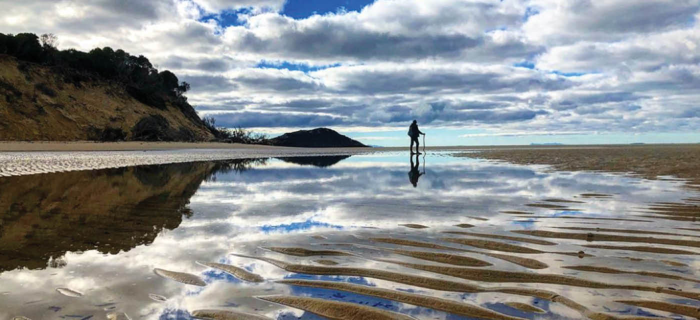Man standing with cane on the beach looking into the distance