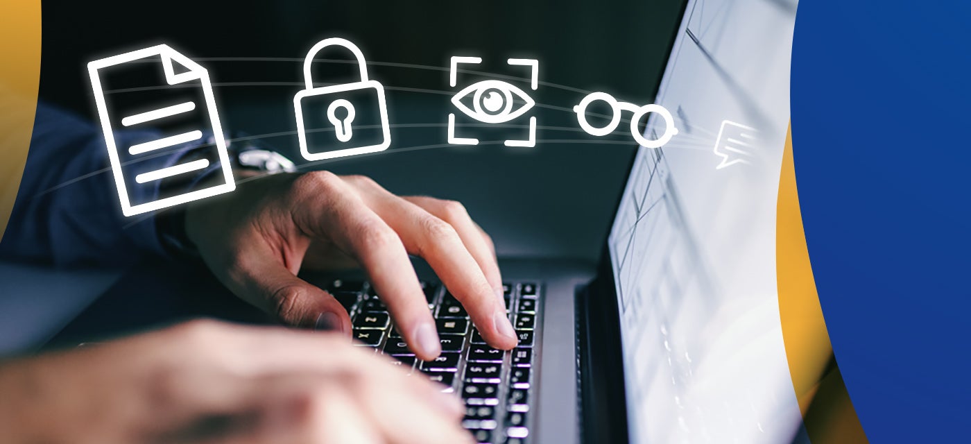 Someone typing on laptop with graphics coming out of screen