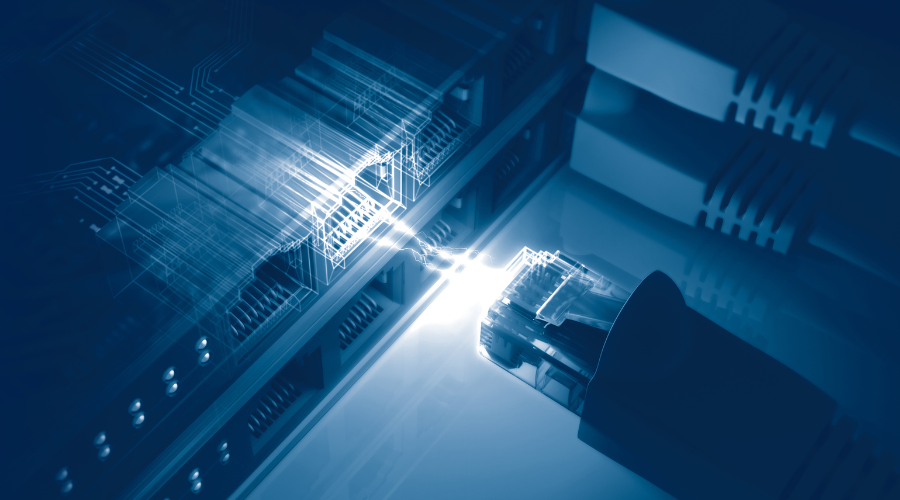 Close-up of a glowing Ethernet cable plugged into a network port, representing Power over Ethernet (PoE) technology and connectivity.