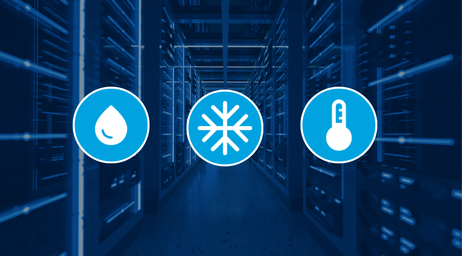 Data center aisle with icons for water, cooling, and temperature control.