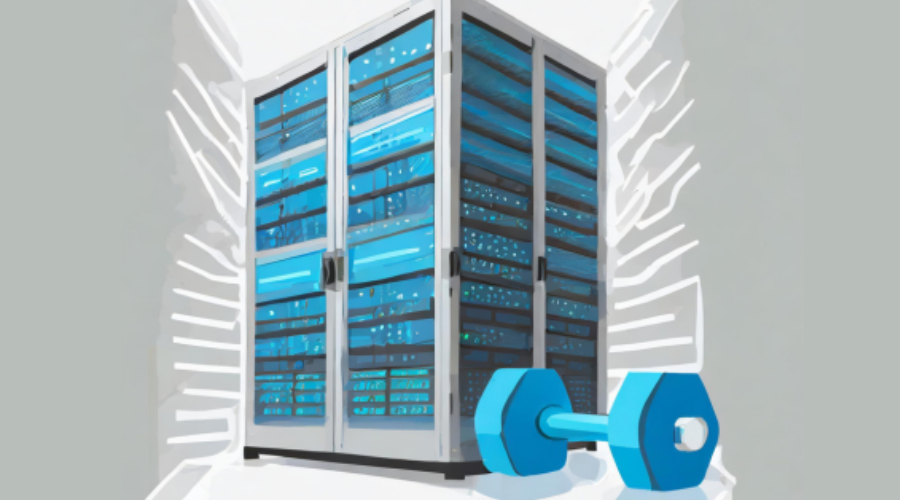Illustration of a data center cabinet with vibrant blue servers and a dumbbell in the foreground, symbolizing high load capacity and strength.