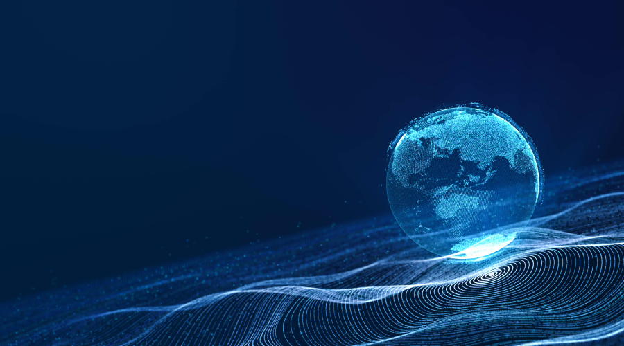 Digital globe floating above a wave of glowing data lines on a dark blue background.