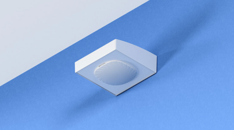 A white wireless access point mounted on a ceiling against a blue background.