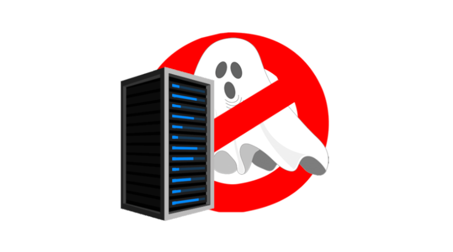  Illustration of a server rack with a ghost and a "no" symbol, representing ghost servers.