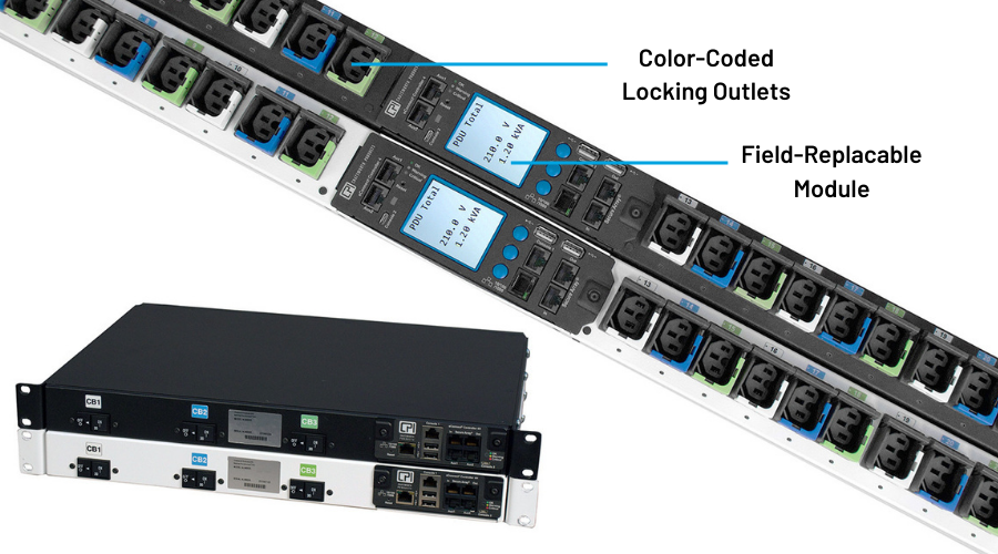  Intelligent PDUs with color-coded locking outlets and field-replaceable modules, alongside rack-mounted network hardware.