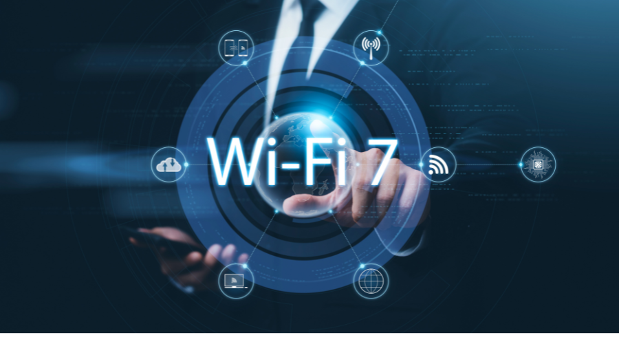 Person in a suit interacting with a digital interface featuring "Wi-Fi 7" and related icons