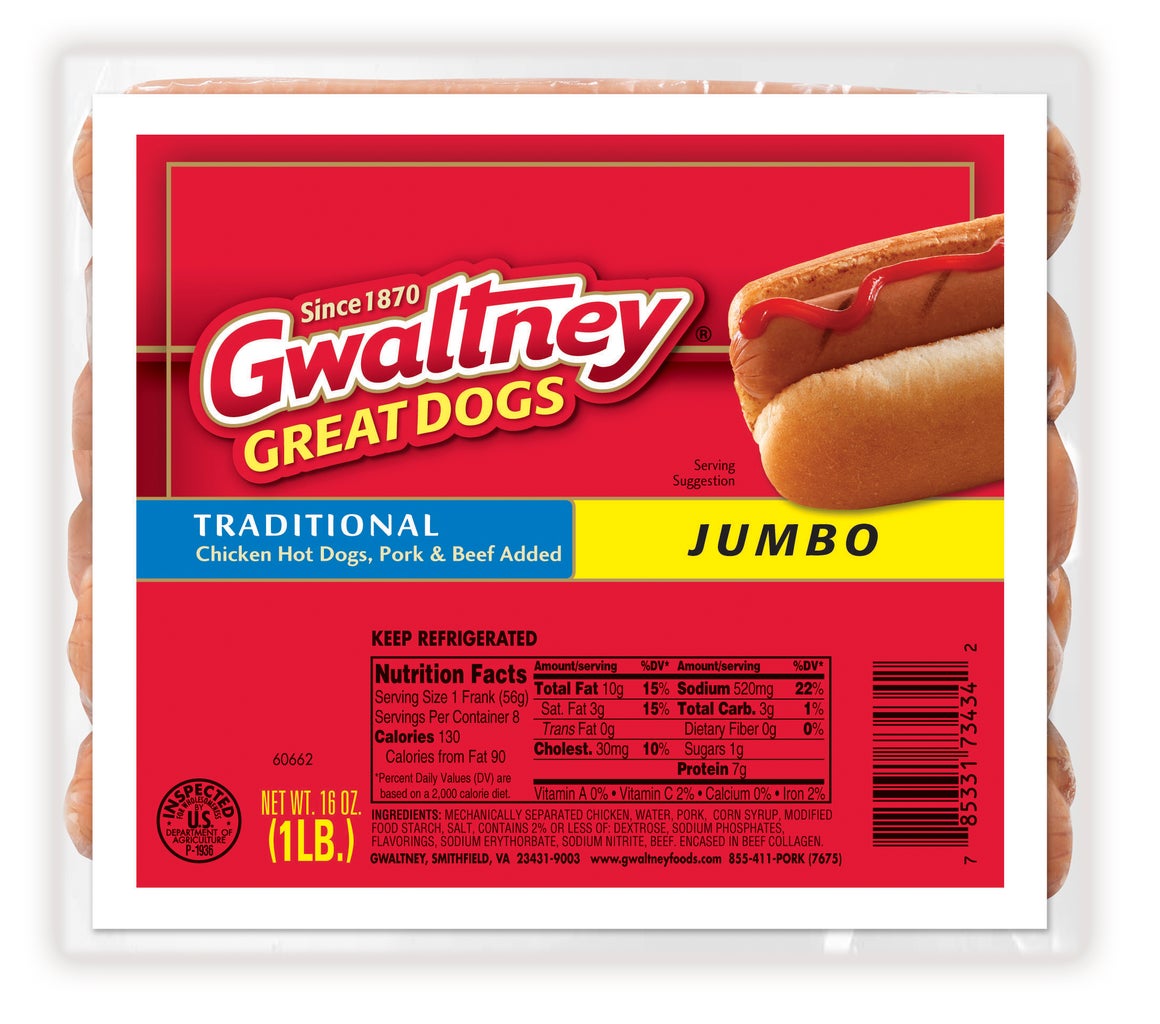 Jumbo Traditional Meat Hot Dogs 16oz. | Gwaltney Foods