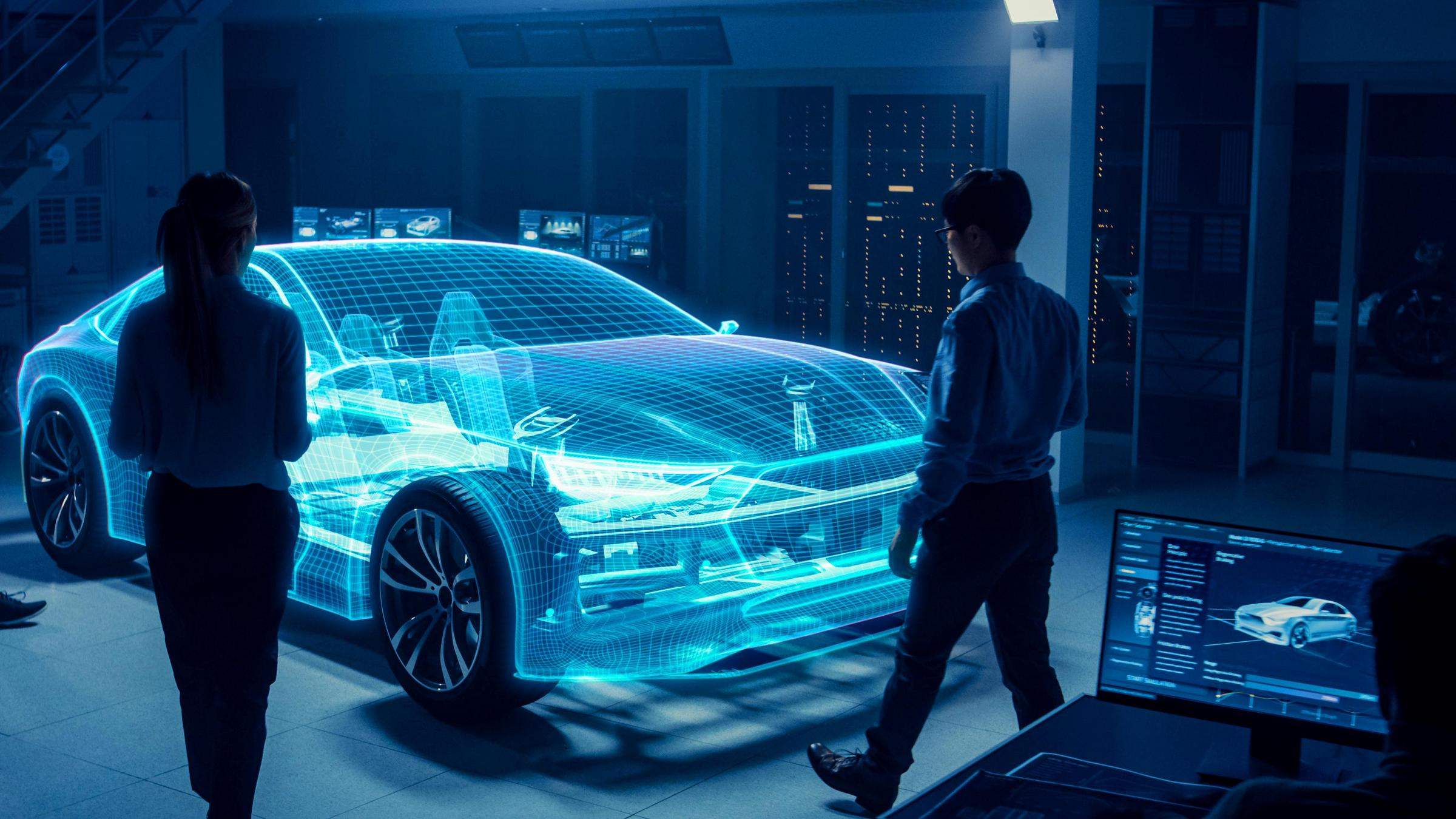 Silhueta de mulher e homem em pé, ao lado de holograma de carro
