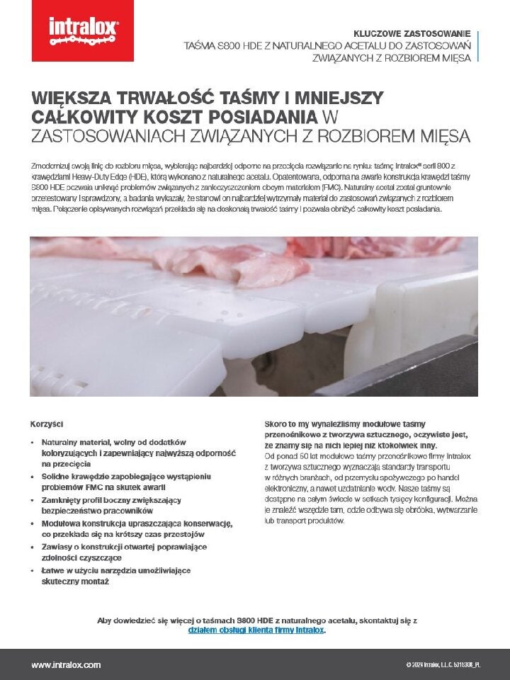 Kluczowe zastosowanie — taśma przenośnikowa HDE serii 800 z naturalnego acetalu do linii do rozbioru mięsa — miniatura