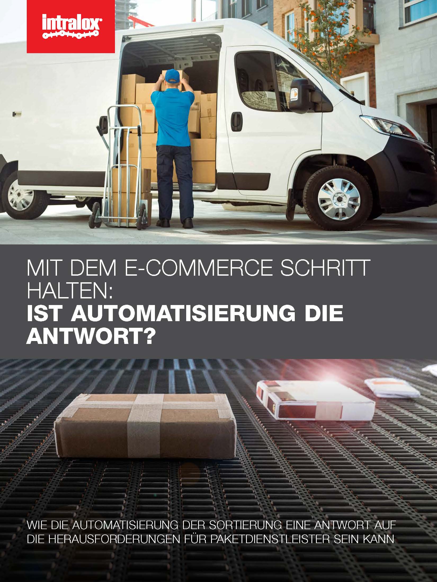 Covergrafik des Whitepapers: „Mit dem E‑Commerce Schritt halten: Ist Automatisierung die Antwort? Wie die Automatisierung der Sortierung eine Antwort auf die Herausforderungen für Paketdienstleister sein kann“