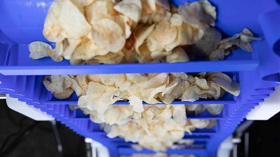 Plain potato chips on Intralox ThermoDrive belt in A23 material with scoops and sidewalls