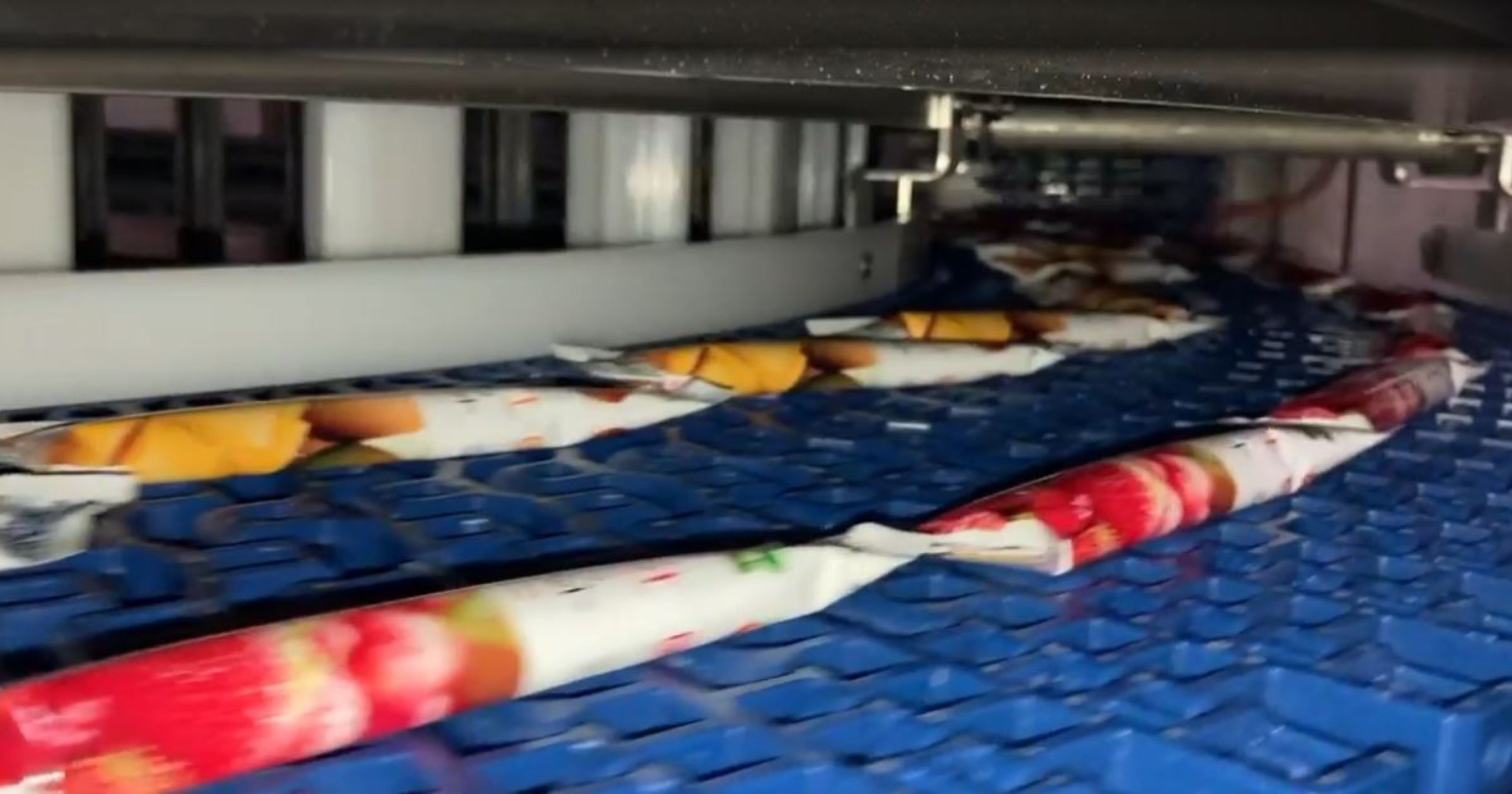 Röhrenförmige Päckchen mit Püree-Sorbet auf dem DirectDrive-Froster-Spiralförderband